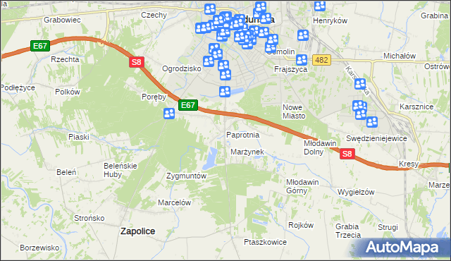 mapa Paprotnia gmina Zapolice, Paprotnia gmina Zapolice na mapie Targeo
