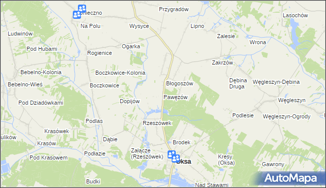 mapa Pawęzów gmina Oksa, Pawęzów gmina Oksa na mapie Targeo