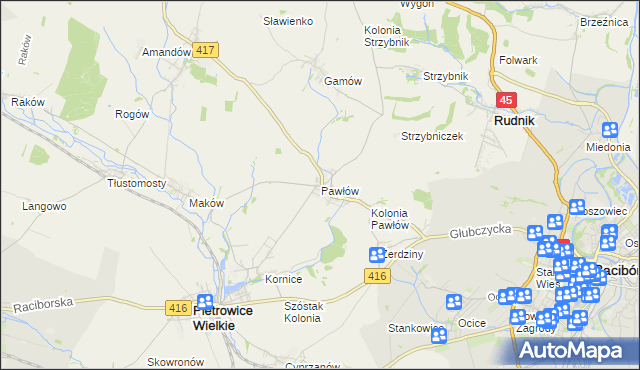 mapa Pawłów gmina Pietrowice Wielkie, Pawłów gmina Pietrowice Wielkie na mapie Targeo