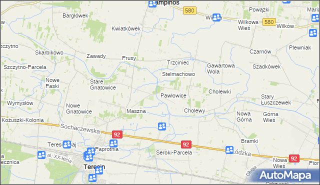 mapa Pawłowice gmina Teresin, Pawłowice gmina Teresin na mapie Targeo