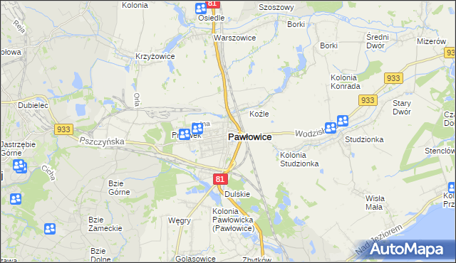 mapa Pawłowice powiat pszczyński, Pawłowice powiat pszczyński na mapie Targeo