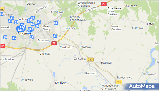 mapa Pawłowo gmina Chojnice, Pawłowo gmina Chojnice na mapie Targeo