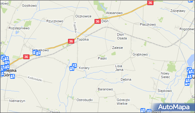 mapa Piaski gmina Miejska Górka, Piaski gmina Miejska Górka na mapie Targeo