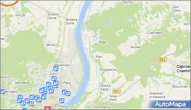 mapa Pień gmina Dąbrowa Chełmińska, Pień gmina Dąbrowa Chełmińska na mapie Targeo
