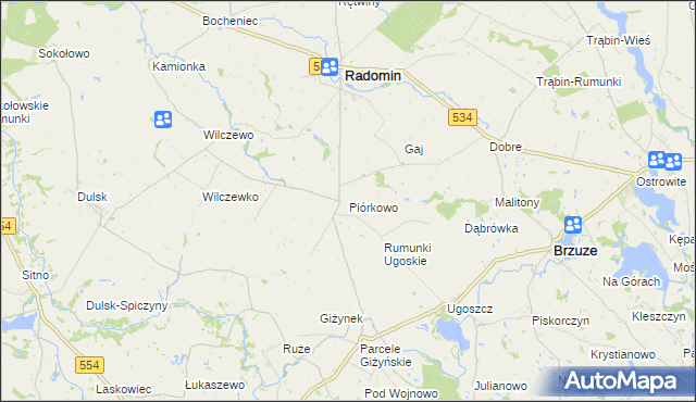 mapa Piórkowo gmina Radomin, Piórkowo gmina Radomin na mapie Targeo