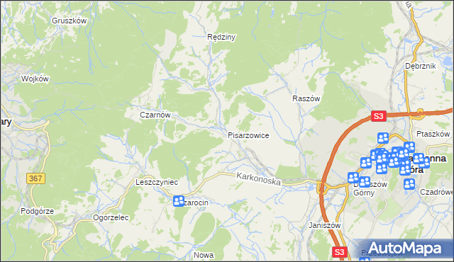 mapa Pisarzowice gmina Kamienna Góra, Pisarzowice gmina Kamienna Góra na mapie Targeo