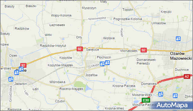 mapa Płochocin gmina Ożarów Mazowiecki, Płochocin gmina Ożarów Mazowiecki na mapie Targeo