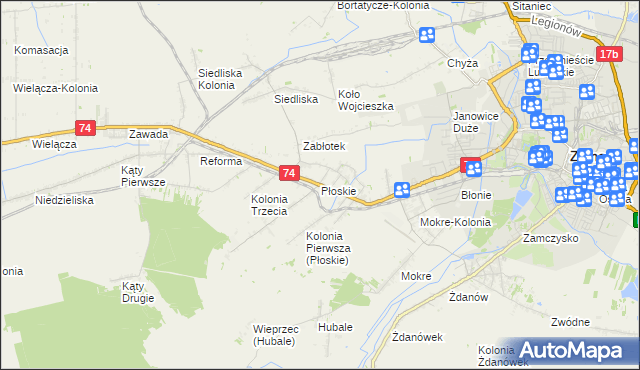 mapa Płoskie gmina Zamość, Płoskie gmina Zamość na mapie Targeo