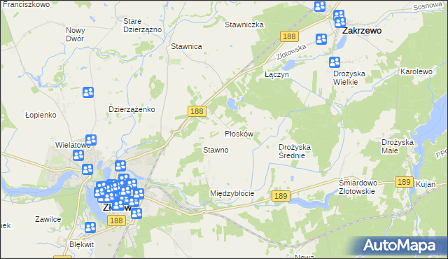 mapa Płosków gmina Złotów, Płosków gmina Złotów na mapie Targeo