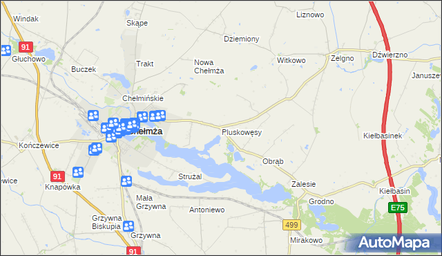 mapa Pluskowęsy gmina Chełmża, Pluskowęsy gmina Chełmża na mapie Targeo