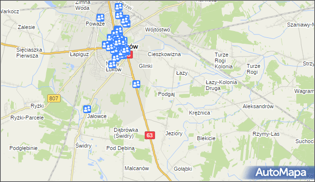 mapa Podgaj gmina Łuków, Podgaj gmina Łuków na mapie Targeo