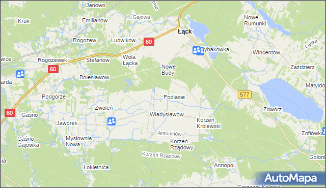 mapa Podlasie gmina Łąck, Podlasie gmina Łąck na mapie Targeo