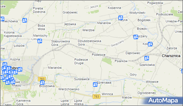 mapa Podlesice gmina Charsznica, Podlesice gmina Charsznica na mapie Targeo