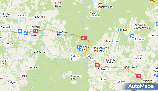 mapa Podlesie Małe gmina Stromiec, Podlesie Małe gmina Stromiec na mapie Targeo