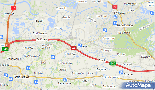 mapa Podłęże gmina Niepołomice, Podłęże gmina Niepołomice na mapie Targeo
