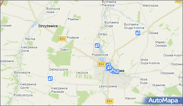 mapa Podzamcze gmina Bychawa, Podzamcze gmina Bychawa na mapie Targeo