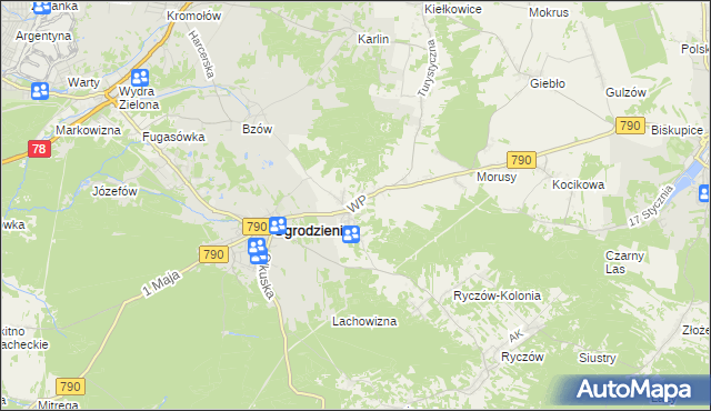 mapa Podzamcze gmina Ogrodzieniec, Podzamcze gmina Ogrodzieniec na mapie Targeo