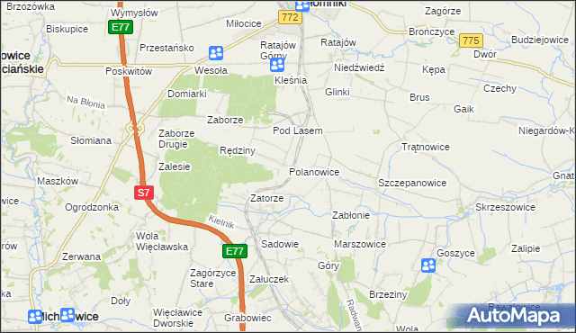 mapa Polanowice gmina Słomniki, Polanowice gmina Słomniki na mapie Targeo