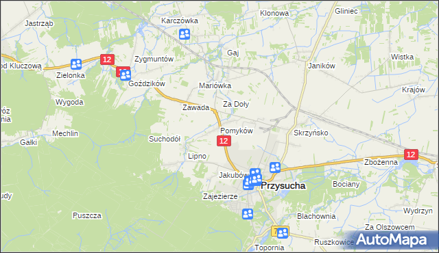 mapa Pomyków gmina Przysucha, Pomyków gmina Przysucha na mapie Targeo
