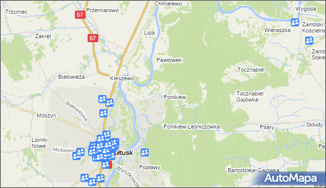 mapa Ponikiew gmina Pułtusk, Ponikiew gmina Pułtusk na mapie Targeo