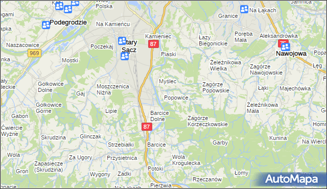 mapa Popowice gmina Stary Sącz, Popowice gmina Stary Sącz na mapie Targeo