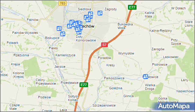 mapa Poradów gmina Miechów, Poradów gmina Miechów na mapie Targeo