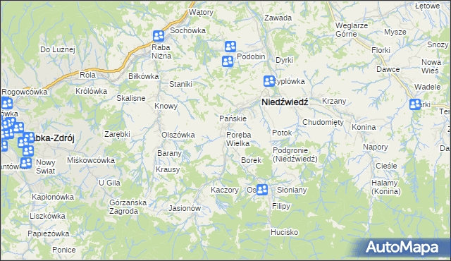 mapa Poręba Wielka gmina Niedźwiedź, Poręba Wielka gmina Niedźwiedź na mapie Targeo