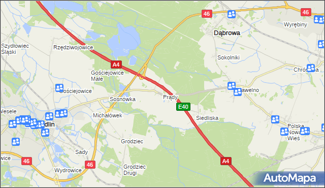 mapa Prądy gmina Dąbrowa, Prądy gmina Dąbrowa na mapie Targeo