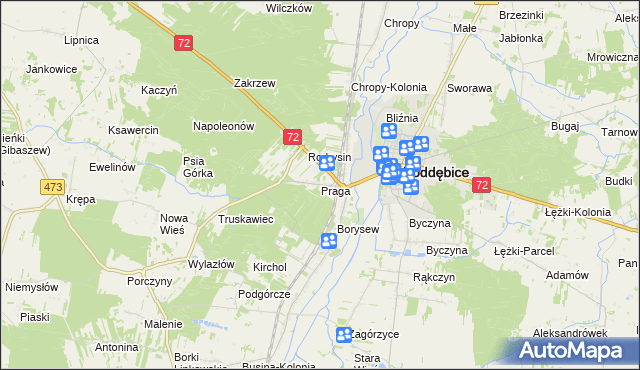 mapa Praga gmina Poddębice, Praga gmina Poddębice na mapie Targeo