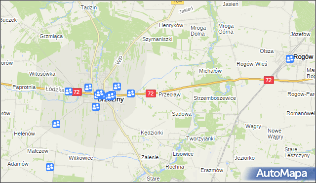 mapa Przecław gmina Brzeziny, Przecław gmina Brzeziny na mapie Targeo