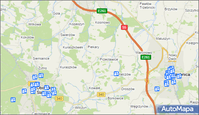 mapa Przecławice gmina Oborniki Śląskie, Przecławice gmina Oborniki Śląskie na mapie Targeo