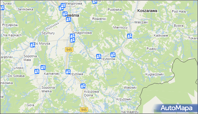 mapa Przyborów gmina Jeleśnia, Przyborów gmina Jeleśnia na mapie Targeo