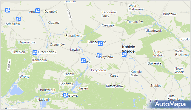 mapa Przybyszów gmina Kobiele Wielkie, Przybyszów gmina Kobiele Wielkie na mapie Targeo