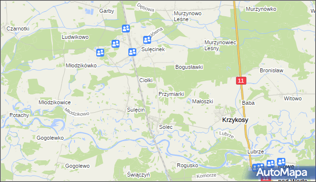 mapa Przymiarki gmina Krzykosy, Przymiarki gmina Krzykosy na mapie Targeo