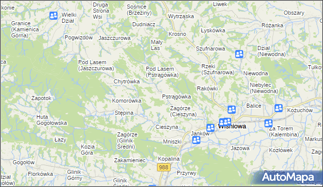 mapa Pstrągówka gmina Wiśniowa, Pstrągówka gmina Wiśniowa na mapie Targeo