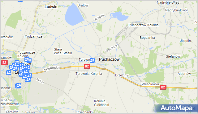 mapa Puchaczów powiat łęczyński, Puchaczów powiat łęczyński na mapie Targeo