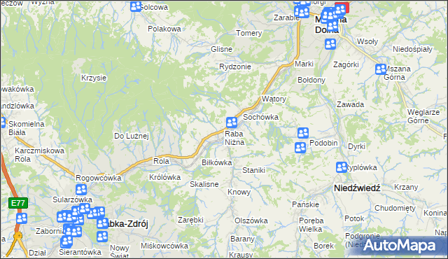 mapa Raba Niżna, Raba Niżna na mapie Targeo