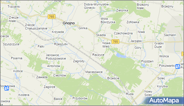 mapa Raczyce gmina Gnojno, Raczyce gmina Gnojno na mapie Targeo