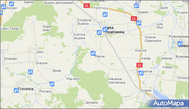 mapa Raków gmina Łęka Opatowska, Raków gmina Łęka Opatowska na mapie Targeo