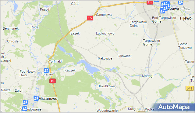 mapa Rakowice gmina Lubawa, Rakowice gmina Lubawa na mapie Targeo