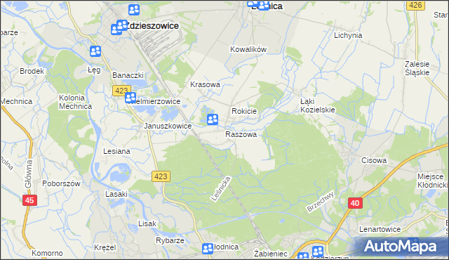 mapa Raszowa gmina Leśnica, Raszowa gmina Leśnica na mapie Targeo