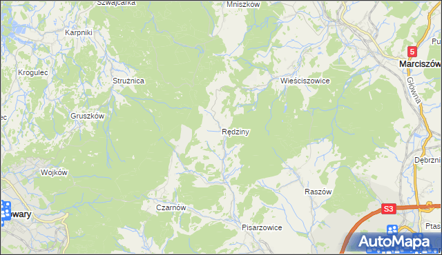 mapa Rędziny gmina Kamienna Góra, Rędziny gmina Kamienna Góra na mapie Targeo