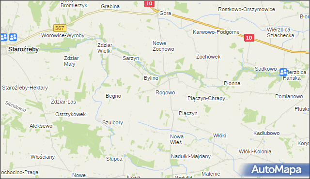 mapa Rogowo gmina Staroźreby, Rogowo gmina Staroźreby na mapie Targeo