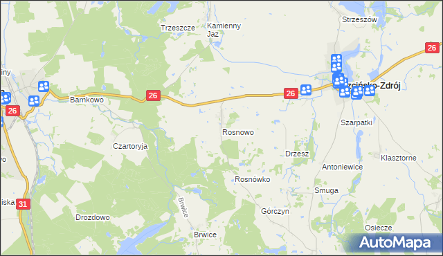 mapa Rosnowo gmina Trzcińsko-Zdrój, Rosnowo gmina Trzcińsko-Zdrój na mapie Targeo