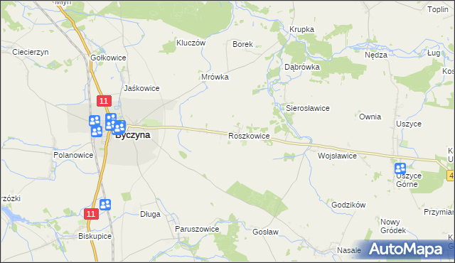 mapa Roszkowice gmina Byczyna, Roszkowice gmina Byczyna na mapie Targeo