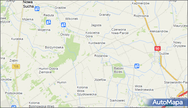 mapa Różanów gmina Wiskitki, Różanów gmina Wiskitki na mapie Targeo
