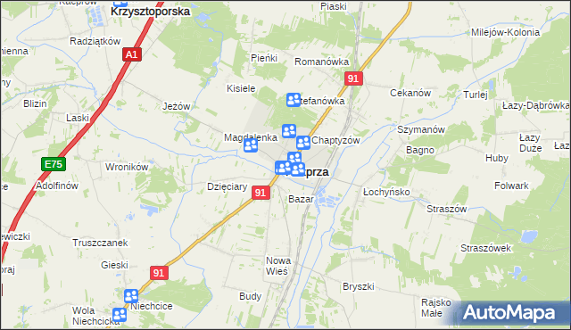 mapa Rozprza powiat piotrkowski, Rozprza powiat piotrkowski na mapie Targeo