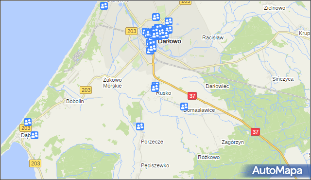 mapa Rusko gmina Darłowo, Rusko gmina Darłowo na mapie Targeo