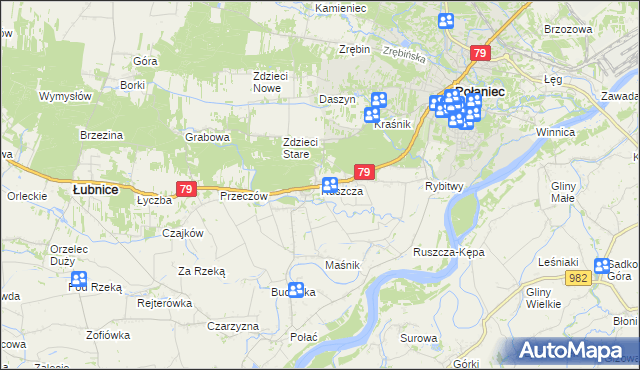 mapa Ruszcza gmina Połaniec, Ruszcza gmina Połaniec na mapie Targeo