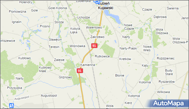 mapa Rutkowice gmina Lubień Kujawski, Rutkowice gmina Lubień Kujawski na mapie Targeo